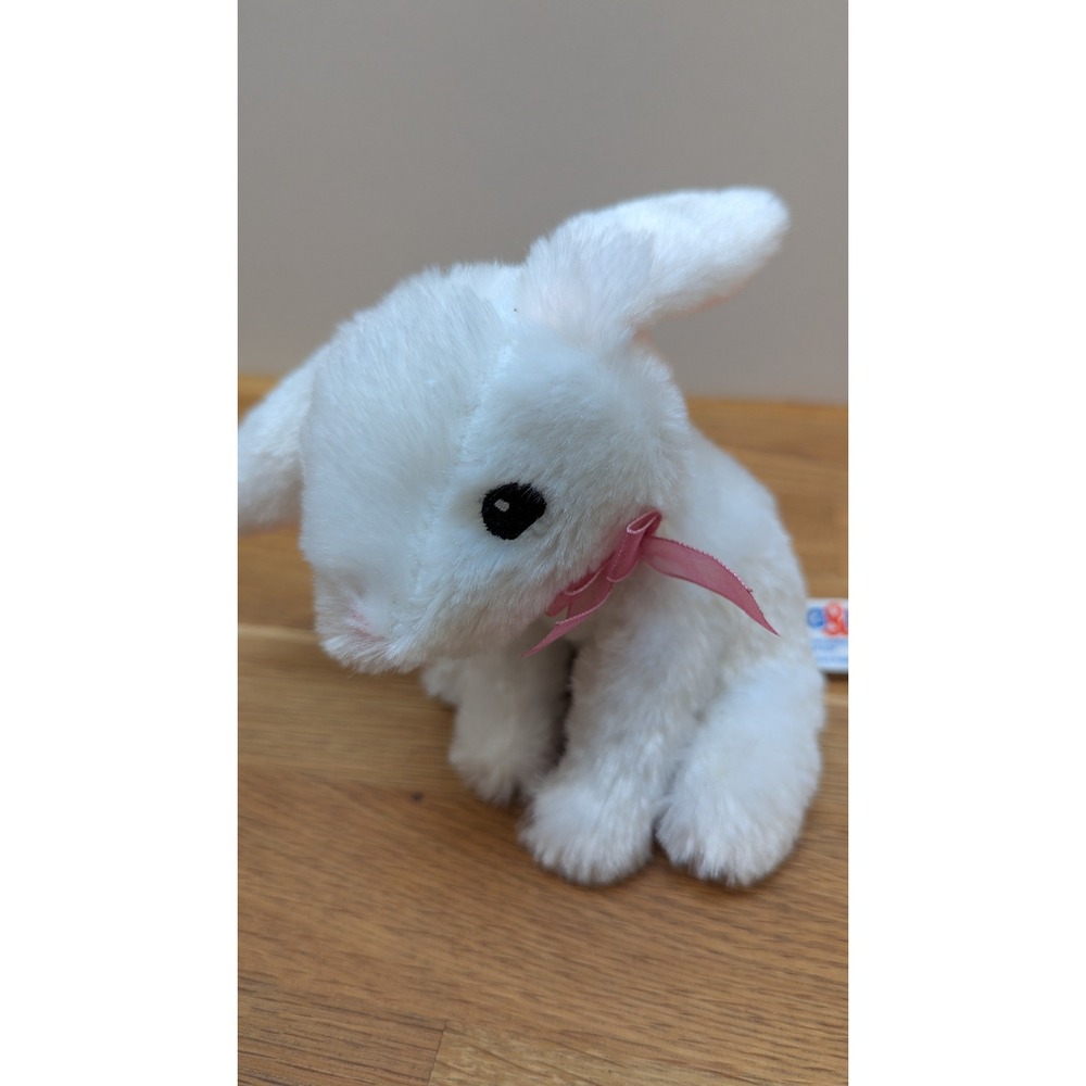 Hug & Luv Plush Bunny Rabbit Small White Pink Ribbon Bow sitting